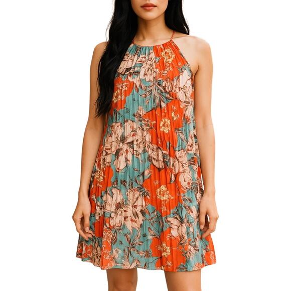 Floral Pleated Swing Dress Womens L Retro Boho‎ Chic Casual Office Siren Summer - Picture 1 of 10
